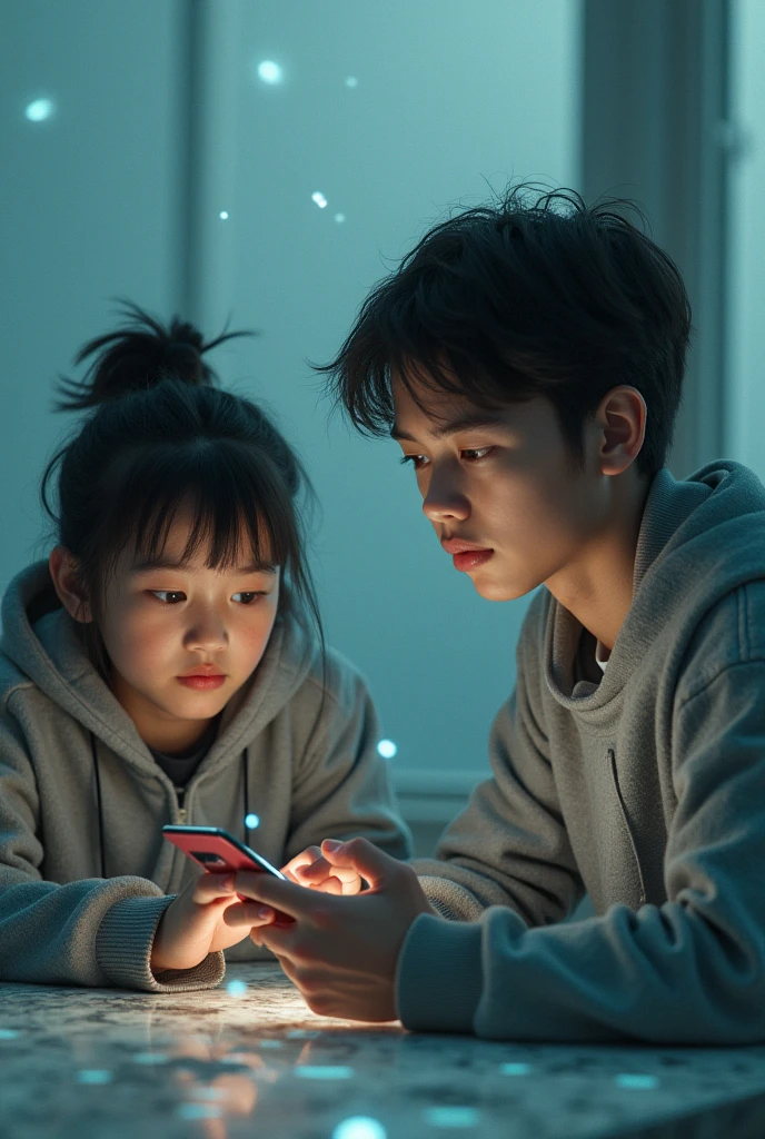  Create an image where a young person is shown with a cell phone on social media, and another young person is watching as the cell phone is consuming the other person. It's like you are.
