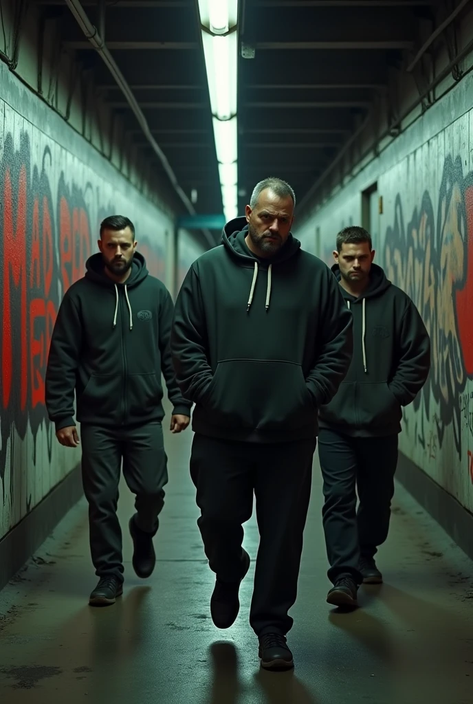 A 90s-style dark, grimy subway track with graffiti that reads MAD RED, 3 white men in their 30s wearing hoodies and beards, with their faces mostly obscured, walking., One of them is fat, he weighs more than 140 kilos, The other 2 are thin