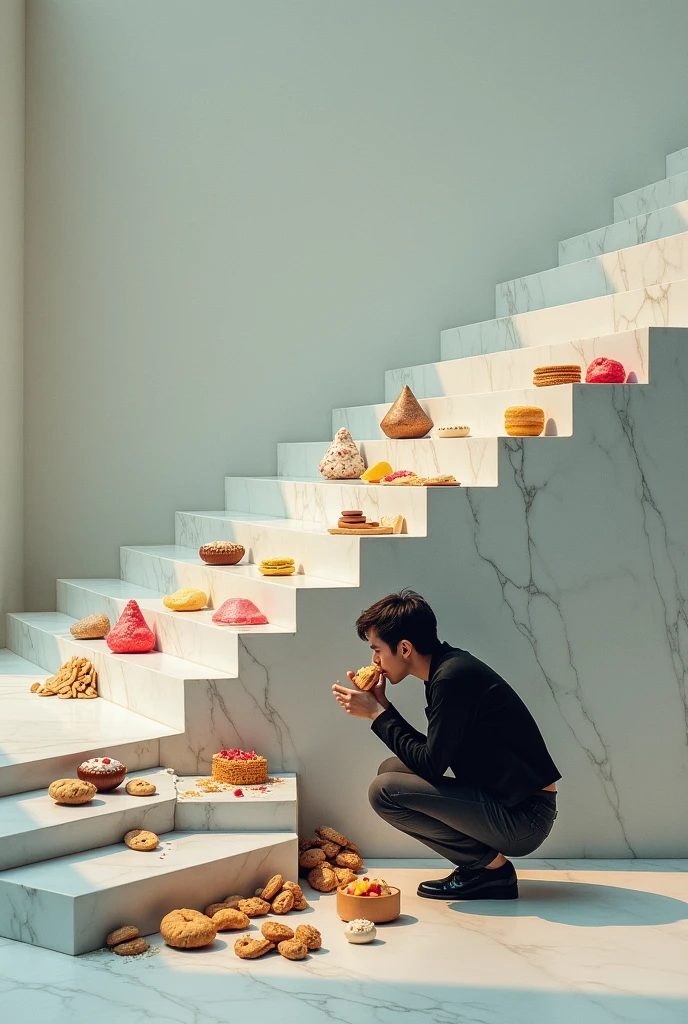 Wide image of someone crouching down eating sweets, with marble steps in front of them in profile perspective, with junk food on each, 