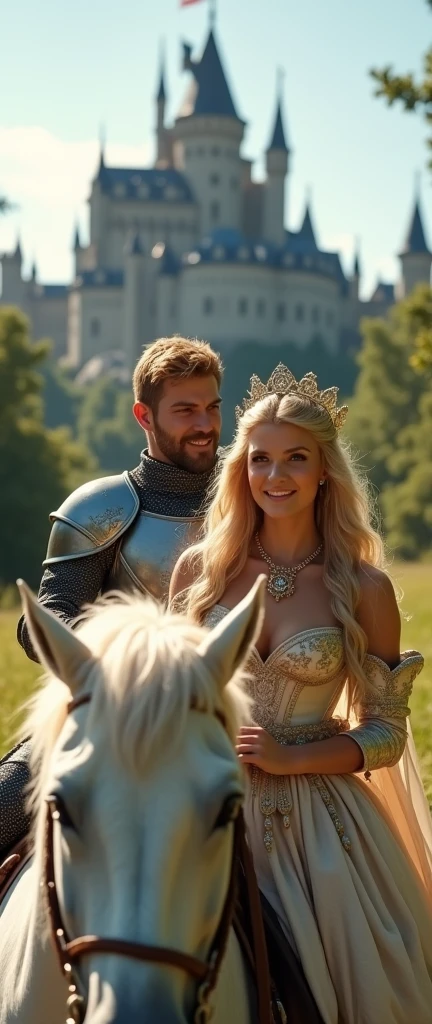 A blonde princess, dressed in luxurious medieval-era attire and elegant accessories, is TAKING A SELFIE. The AI-generated photo must be the very image of the selfie the princess is taking, as if seen through the smartphone camera. Next to her in the selfie is a blond man in armor riding a white horse., with a medieval castle in the background. The cell phone does not appear in the photo, and the image is captured from the princess's point of view, showing the scene and herself as if she was taking the selfie