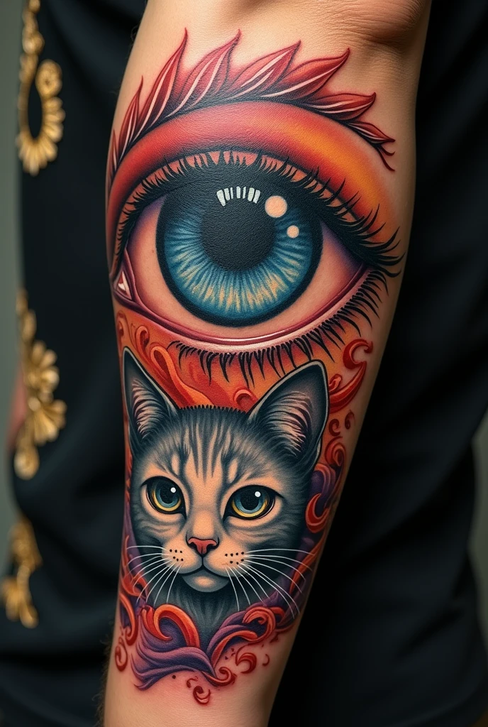 Tattoo of an eye on the arm with a cat, in an Indonesian style.
