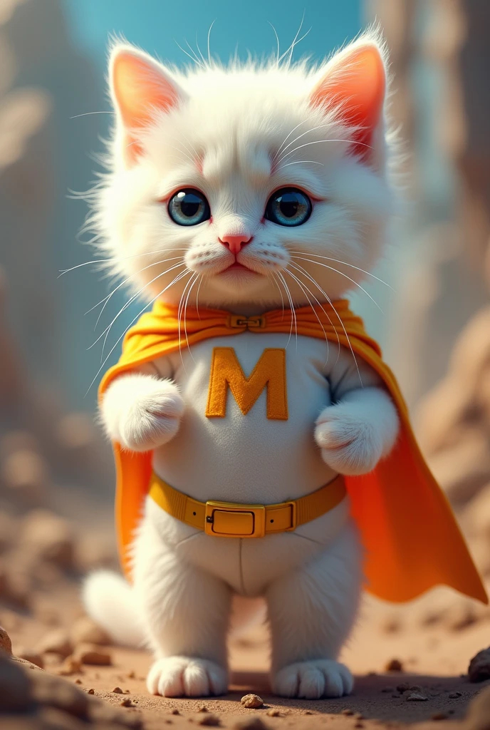 White kitten with orange and a super white suit with gold and an m on the chest but superhero costume