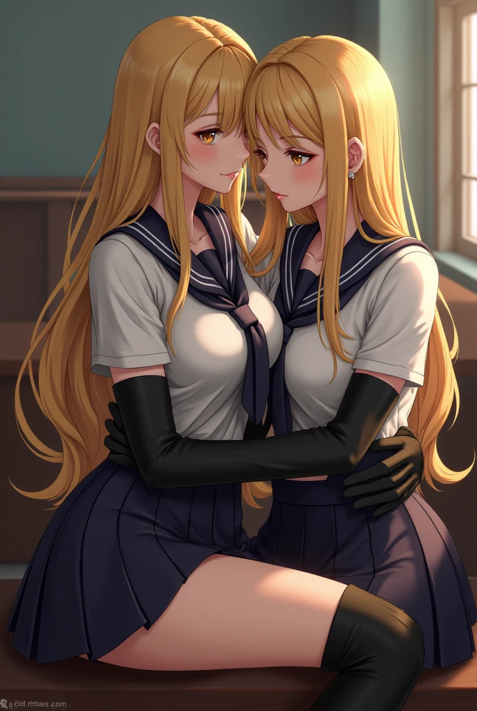 Lesbian (very long loose yellow hair)(big breasts, big thighs)(with school uniform clothes it is very tight) that he is kissing and touching his parts at school with his girlfriend(that they are in a very sexy and compromising position with their girlfriend(big breasts, big thighs)lesbian love