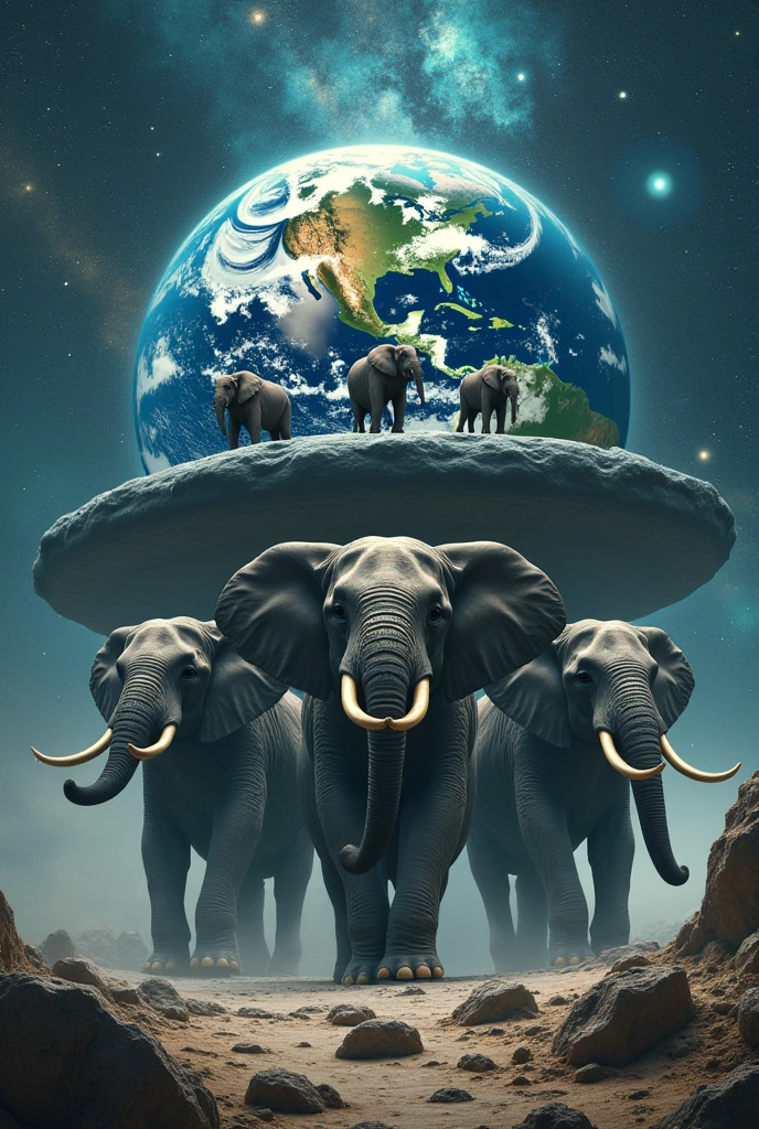 3 elephants hold the flat planet Earth, 3 elephants stand on a whale, Cosmos