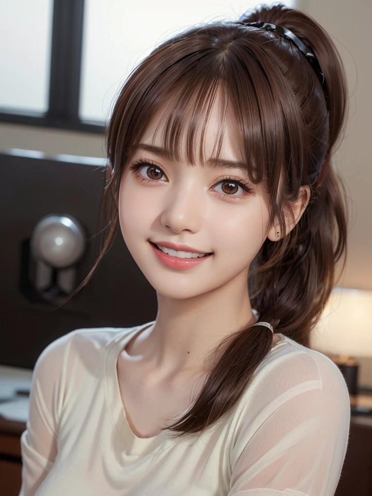 masterpiece, Highest quality, 8k, Blushed, (Upper Body:1.4), White camisole, beautiful girl, Cute Face, Looking at the audience, smile, Surreal, High resolution, photo shoot, High resolution, chromatic aberration, Sharp focus, High resolution, Face Light, Dynamic Lighting, Cinema Lighting, Professional Shadow, , Most detailed, Very detailed, Very detailedな, finely, Real Skin, Delicate features, Detailed face and eyes, Sharp pupils, Small breasts、23 years old、Hotel、twintails、sheer、cardigan