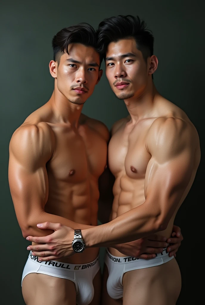 2 Vietnamese men, 25 years old, 2 people , Handsome and elegant, just, sexy , Masculine and handsome，hugs and kisses, have muscles，Muscles look good.，hairy, Have fair skin..,no beard, full body photo,(very detailed, realistic, best quality, 4K, 8ก, height, Masterpiece:1.3), mature man, Charming and outstanding , (The body builds muscle), อวัยวะsexชายใหญ่, sweat, dirty face ,tight chest, sex,See-through shirt, Erotic, Horny, Look straight.., Accessories include a luxury watch., in the classroom,Look at the viewer.,muscle veins,no underwear 