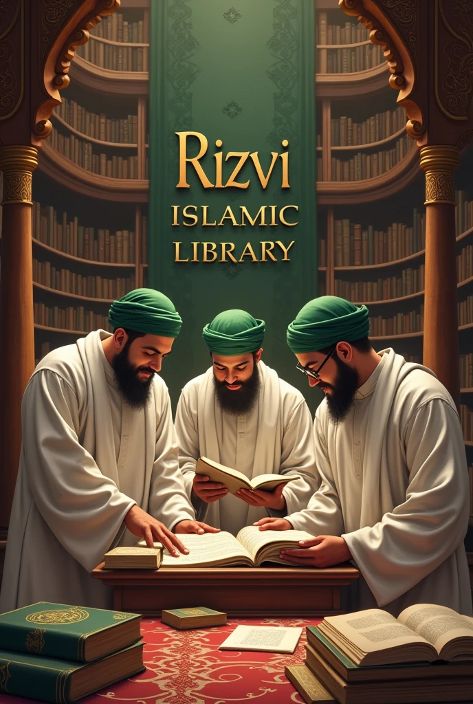 young Islamic scholars with green turban and white clothes reading in a library namely rizvi islamic library written on wall