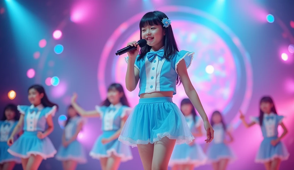 Long shot photo of a beautiful child girl, brown medium straight hair down, no bangs, japanese pop idol, 50mm portrait, performing on colorful stage with colorful stage lights and with a microphone dancing, top: Baby blue and white sweet collar, front button closure, baby blue solid short short skirt and matching beautiful Bow Tie, small flower clip with baby blue petals on the top and in the hair, white shoes with light blue laces, energetic and cool
