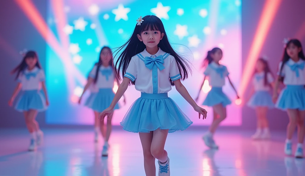 Long shot photo of a beautiful child girl, black long straight hair down, no bangs, japanese pop idol, 50mm portrait, performing on colorful stage with colorful stage lights and with a microphone dancing, top: Baby blue and white sweet collar, front button closure, baby blue solid short short skirt and matching beautiful Bow Tie, small flower clip with baby blue petals on the top and in the hair, white shoes with light blue laces, energetic and cool