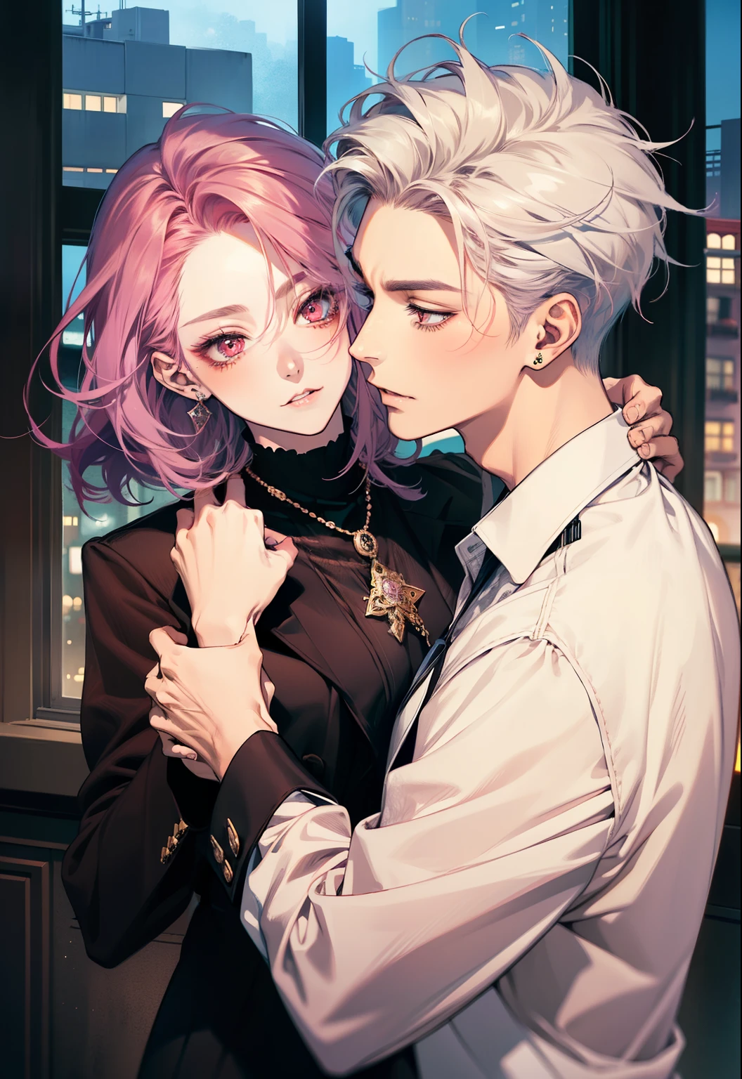 masterpiece, top-quality, 2Others, Male and female couples, 1 man and 1,, Adults, Height difference, different fashion, different color, finely eye and detailed face, intricate detailes, Casual clothing, Oversized shirt, Modern urban streets, Hands on back, A smile, Happiness, tenderness, high-level image quality、 beautiful male、tall、hug from behind、Trying to kiss、window、nightfall、nighttime scene、𝓡𝓸𝓶𝓪𝓷𝓽𝓲𝓬、Korean Male, Idol Photos, k pop, Professional Photos, Vampires, Korean fashion in black and white, By Fedman with a necklace, inspired by Sim Sa-jeong, androgynous vampire, :9 detailed face: 8, extra detailed face, detailed punk hair, ((asa)) baggy eyes, Seductive. Highly detailed, semi realistic anime, Vampires, hyperrealistic , delicate androgynous prince, imvu, short hair above the ears, Man with short hair, Woman with long hair, A man with a glaring expression and a woman with a gentle expression, With a short-haired man with bright purple hair, Woman with pretty long pink hair