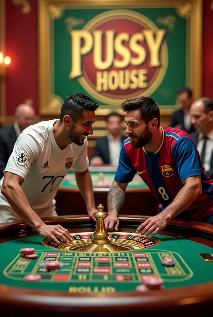 Cristiano Ronaldo and Leo Messi in sports shirts with the advertisement “PUSSY HOUSE” playing casino roulette