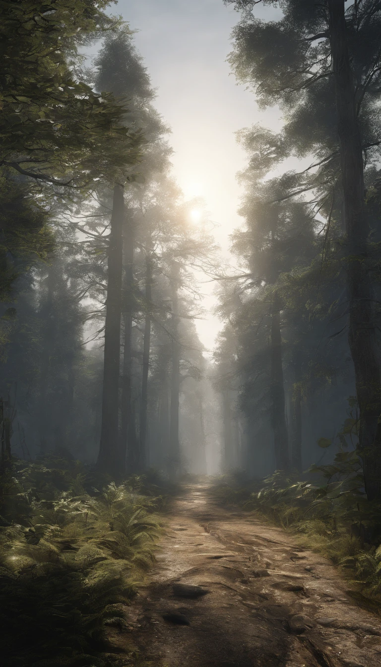 a mysterious forest road, dense forest, sun rays breaking through the fog, magical sunlight, detailed environment, lush foliage, ancient trees, realistic lighting, cinematic atmosphere, detailed textures, vibrant colors, photorealistic, unreal engine, 8k, highly detailed