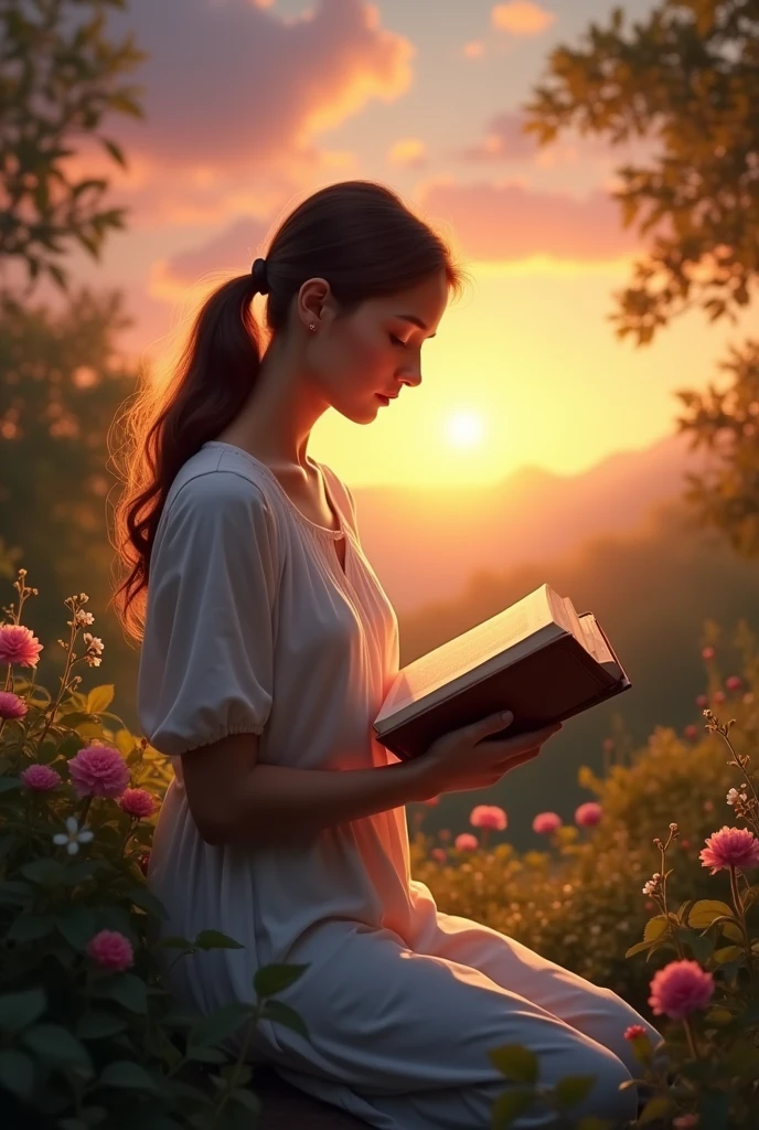 Young woman kneeling
Bible in hand
Garden background with sunset