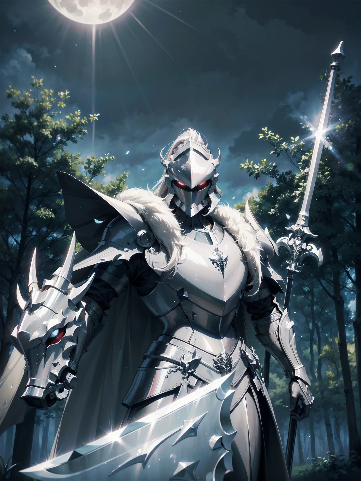 masterpiece, Superior image quality, High resolution, 4k image,Photo and gross, photorealistic, Knight in silver armor, red cape, face covered by a helmet, White energy aura enveloping the knight,  (He wields a sword and holds a shield), forest, at night, background moon