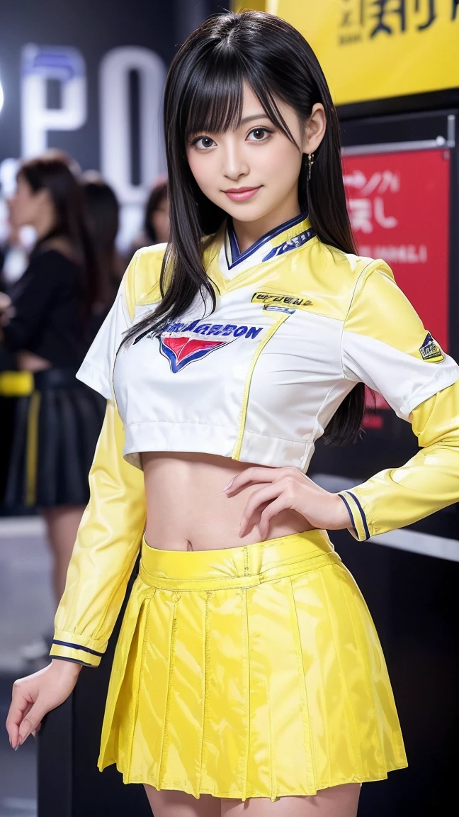 (masterpiece), (Racing Girls), Black Hair, A faint smile,Highly detailed eyes and face, Jet Black Hair、Straight Hair、Beautiful and delicate eyes, , (big breast), (Highest quality, High resolution, reality, original, 8k,masterpiece, ),(((A vibrant, very short enamel mini skirt))),(Vibrant colors:1.2),Exhibition Hall、Convention Hall、Beautiful lighting、((japanese racequeen))、((An incredibly short yellow enamel skirt:1.5))、((ノースリーブのExposed Skinの多いコスチューム))、((Exposed Skin:1.2))、Hands on hips pose