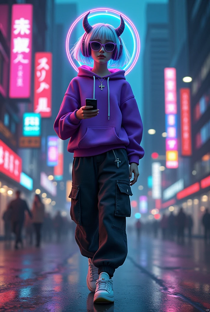  demon girl, rainbow colored halo,white and blue hair ,silver cross necklace,Sunglasses, purple sweatshirt, black cargo pants,WHITE TENNIS, helmet headphones, holding her cell phone, walking through a big city at night