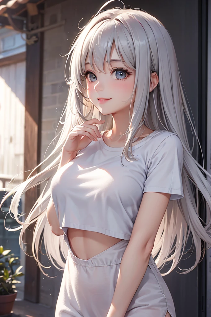 Best Quality,High resolution,8k,finelity detailed background,Masterpiece:1.2),beautiful girl,Glossy romance gray hair,messy hair,Gray eyes,Gentle look,A refreshing look,smile,Best quality,Best Quality,Aesthetic and aesthetic:1.2,Best details((Super detailed))(High-definition CG illustrations),Sportswear,Slender body,Training Gym,smile,blush,cute,Scrounge,Looking up,Being spoiled,super model