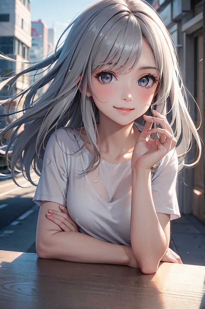Best Quality,High resolution,8k,finelity detailed background,Masterpiece:1.2),beautiful girl,Glossy romance gray hair,messy hair,Gray eyes,Gentle look,A refreshing look,smile,Best quality,Best Quality,Aesthetic and aesthetic:1.2,Best details((Super detailed))(High-definition CG illustrations),T-Shirts(Black),Slender body,Background white,smile,blush,cute,Scrounge,Looking up,Being spoiled,super model