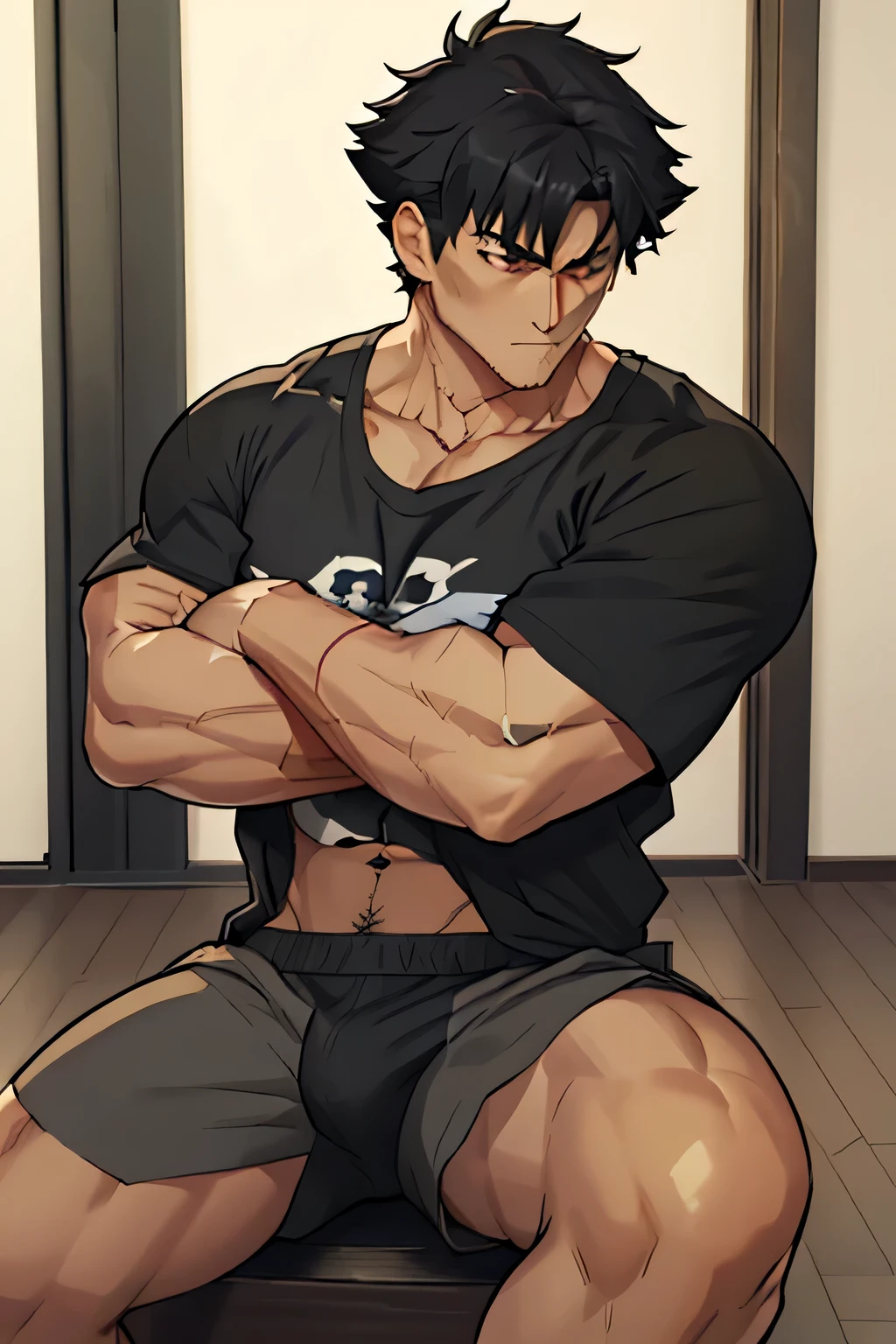 Kiritsugu is sitting and flexing his arms. He wears a black tshirt with short sleeves. His right sleeve is completely rolled up, so you can see his entire arm and shoulder. He wears black short boxershorts. You can see his thighs completely. He has a huge bulge. You can see his abs too. He is admiring his arms. he has big veins on his arms.