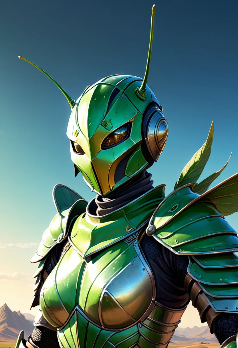 Anthropomorphic grasshopper knight Official Art – An Award-Winning Digital Masterpiece In 4K Ultra HD, Extreme Detail And Intricate Realism. Symmetrical Face. This Concept Art Brought To Life By The Hands Of Artists Like Wlop & Artgerm In A Stunning 2D Vector Illustration.Background Is A Panoramic Vista.