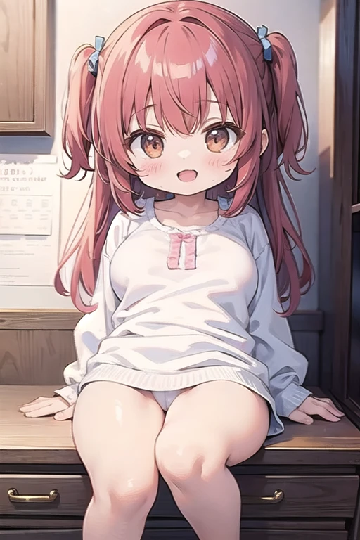 1 Cute naughty Short Stature Girl, large breasts, thick legs, (two side up, long hair, red hair), brown eyes, (naked:1.2), (blush, ;d, yuruyuri), at the adventurer's guild, A bulletin board with posted paper