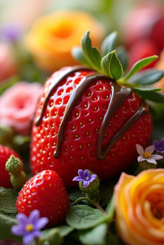 animated image of a strawberry with chocolate and flowers that says tuttifruits fruit arrangements