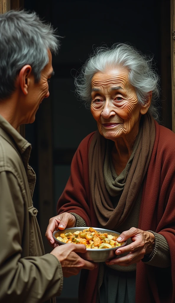 Without hesitation, she (old woman)  offered him her last meal and a place to stay.
