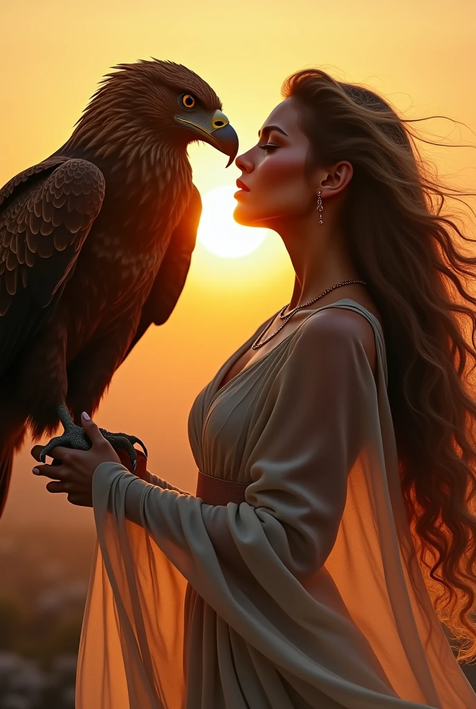 A beautiful, strong woman with flowing hair and a confident expression is standing close to a majestic eagle. The two share a moment of connection as they gently touch, their faces near each other, as if kissing. The woman wears an elegant, flowing outfit, and the eagle, with its sharp eyes and powerful wings, perches on her arm. The scene is set against a dramatic sunset, casting a warm, golden light over the pair, highlighting their bond and the sense of unity between human and nature."