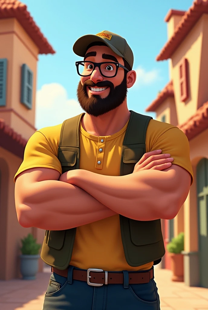 40 year old man with baseball hat and glasses with a dark short tight clipped beard large build disney style character