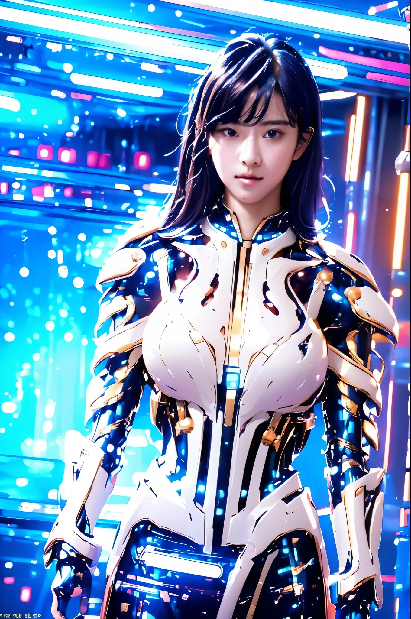 Highest quality, masterpiece, figure, (Realistic, photo-Realistic:1.37), wonderful, In detail, Incredibly absurd, Large file size, Very detailed, High resolution, Very detailed CG Unity 8k wallpaper, Very detailed目と顔, Ray Tracing, Browsing Caution, NUDE, One girl, Korean cyborg girl is innocent and young々Has a sly expression. She poses boldly with her arms raised above her head, Revealing her voluptuous figure. She is wearing a small black mecha armor top that barely covers her breasts., Exposing most of her flawless skin. Her shoulders and head have more armor detailing.、There are shining highlights, Tech Panels and Mechanisms. She is standing against a futuristic cityscape lit up with vibrant neon lights.、Standing full of energy。.