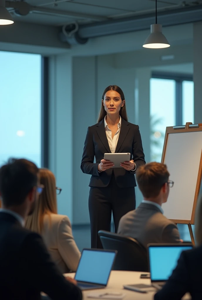 a woman speaking into a microphone while holding a tablet, template layout, aliased, full body-n 9, influencer, laptops, architectural presentation, mtg, full character, guy, the element woman, antialiased, beyond reproach, business clothes, easel
