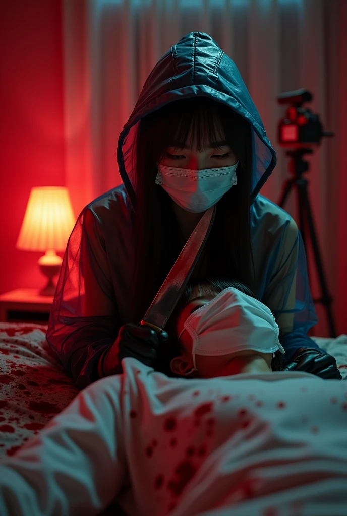 korean girl, (behind corpse, holding knife), surgical mask, black leather gloves, room full of blood, transparent raincoat, hood up, holding knife, leather gloves, woman on top, behind corpse, blood splatter, bed room, night, mass murderer, killer, long bangs, blood splatter, dark atmosphere, cinematic lighting, atmospheric realistic, red lighting, close-up, tripod and camera in the back, shooting with camera
