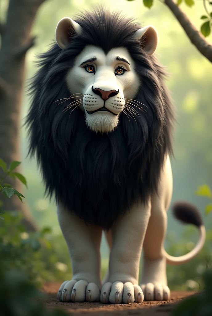 A charismatic and empathetic furry lion with black and white fur