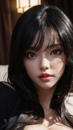 (((No NSFW))), masterpiece, atmospheric, high resolution, best quality, ultra-detailed, hyper detailed, hyper realistic, facing the camera head on, intricately detailed hyperdetailed, realistic, sharp features, highly detailed, sharp focus, perfect face, perfect face, perfect symmetrically perfect eyes, perfect full lips, flexible female form, cinematic, film light, vibrant, dynamic studio lighting, shadow not dark, high key, ((Dark background)), Sexy face, Facial expressions when receiving pleasure, straight Bangs, Big breasts, Exposed cleavage, blue Eyes, black sweater, cowboy shot,