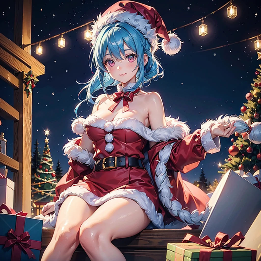 (Sky blue hair tied in a single strand),(Pink Eyes),Fair Skin,Full Body,Alone,smile,Santa Claus Clothes,Giant Christmas Tree in the Background,Snowy Night,Sparkling Night Sky,gift box,(Masterpiece, Top Quality, Very Detailed), Best Shadows,Detailed Background,Beautifully Detailed Face,High Contrast,Best Lighting, Very Delicate and Beautiful,Cinematic Light,Hyper Detail,8k,Dramatic Light,Exquisite Detail,Christmas colors,