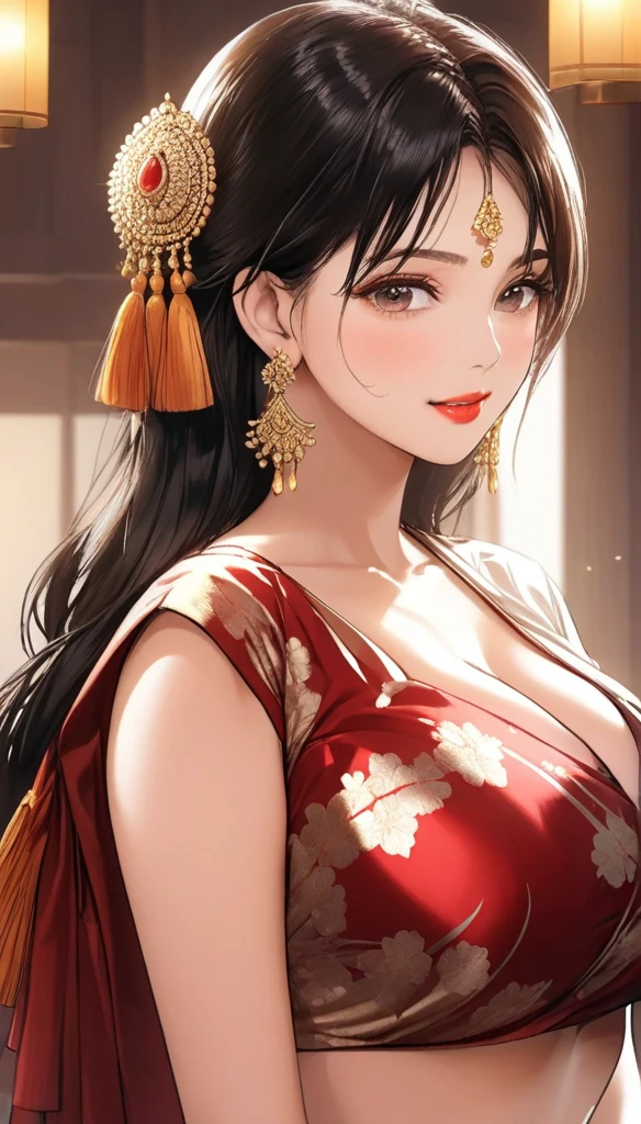 1girl, cute face,pretty face, jaw dropping beauty, beautiful sari, ((ultra high detailed 1.9)),((ultra high resolution 1.9)),((ultra high quality 1.9)),(masterpiece)), (perfect lightings), (Big breasts 1.9)), long tassel jhumka earrings , lipstick