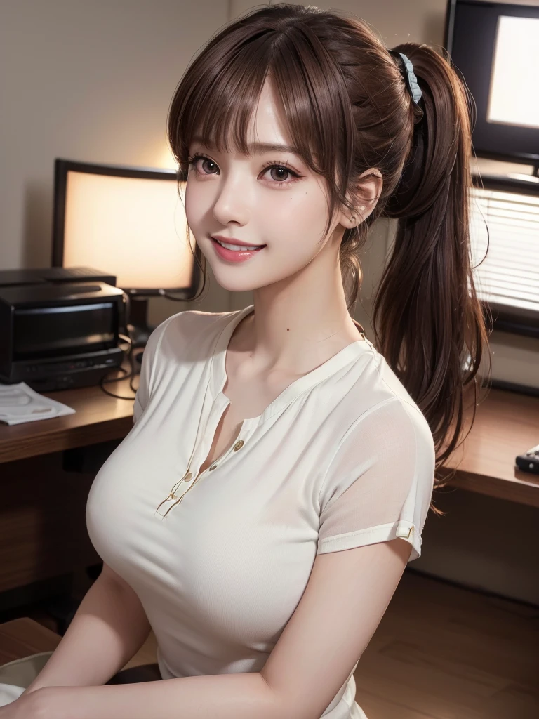 (8k, RAW Photos, Highest quality, masterpiece:1.2), (Realistic, photo-Realistic:1.4), (extremely detailed 8k wallpaper), ((Full Body Shot)), (((1 girl))), Sharp focus, Cinema Lighting, Soft Light, (Delicate and beautiful eyes, Very beautiful 25 year old girl, innocent big 目s, photo Realistic, Very detailed cute, (Model body type), Slightly larger breasts、Television Station、announcer、shirt、blouse、Office Casual、pumps、(Brown Hair), (ponytail), (Asymmetrical bangs), ((smile)), Glowing Skin, Ultra-Dense Skin 、Facial beauty with attention to detail, Side Shot、Buckshot、