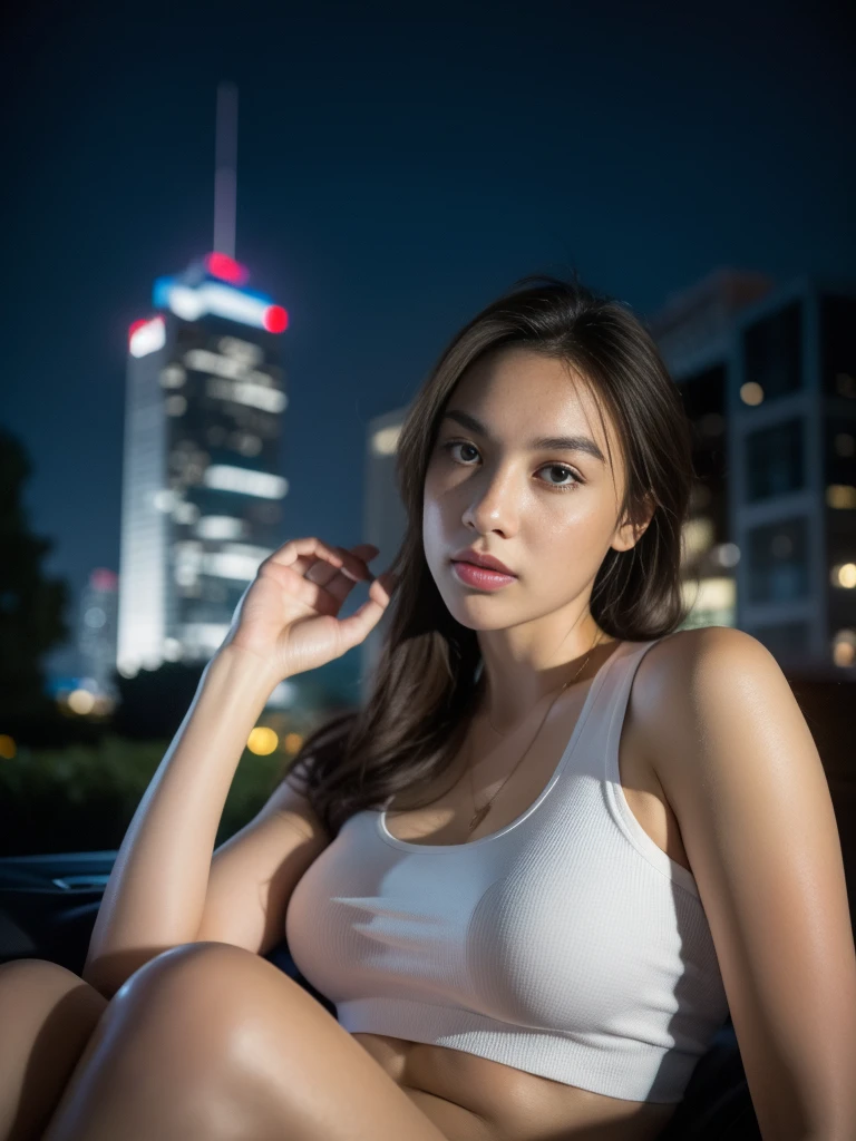 1girl, (uniform), standing, outdoors, night view, detailed Metropolitan city at the background, (above head shot: 1.4), detailed face, detailed eyes, brunette, big breasts, smooth realistic skin, semi-curvy body, wearing red tanktop and thin white hot pants, looking at the audience, (8k, RAW photo, best quality, masterpiece: 1.2), (realistic, realistic: 1.37), ultra-high resolution