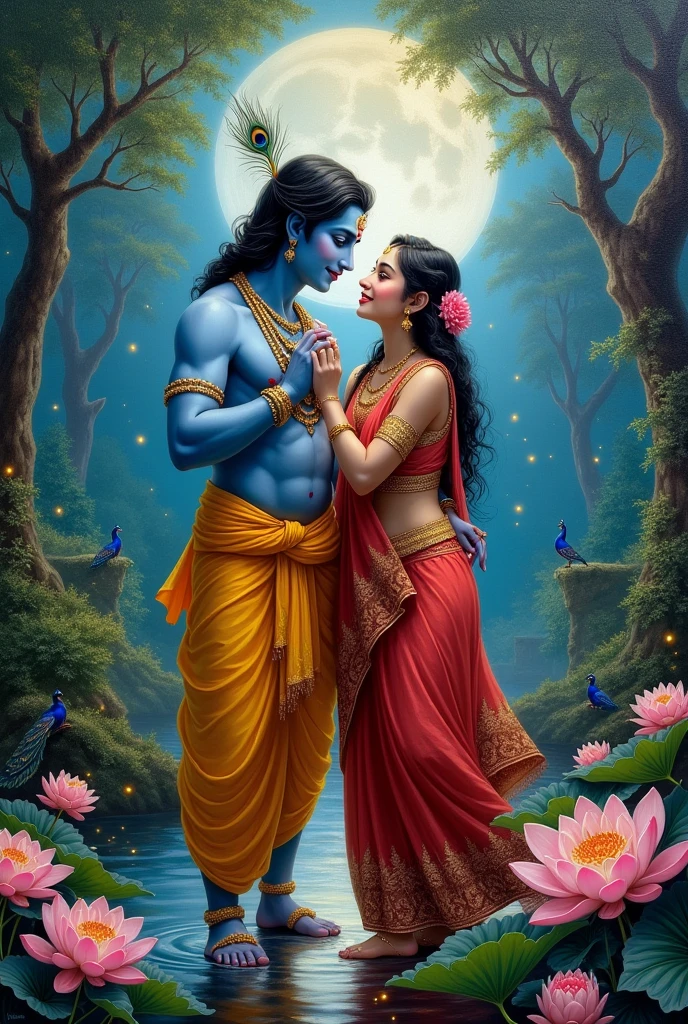 Create a luminous oil painting of Lord Krishna and Radha in a lush, moonlit garden. Krishna, with his characteristic blue skin, stands tall and graceful, playing his enchanting flute. His peacock feather crown catches the soft moonlight, and his yellow dhoti flows gently in the breeze. Beside him, Radha gazes at him adoringly, her delicate features suffused with divine love. Her red and gold sari shimmers, adorned with intricate embroidery.
Surround them with blooming lotus flowers in a tranquil pond, their petals reflecting the moonlight. In the background, paint majestic trees with branches swaying gently, perhaps with a few peacocks perched among them. Fireflies dance around the divine couple, adding a magical glow to the scene.
Capture the essence of their eternal love through their expressions and body language - Krishna's playful smile and Radha's devoted gaze. Use rich, vibrant colors for their clothing and soft, ethereal tones for the surrounding nature to create a harmonious contrast.
Infuse the painting with a sense of divine radiance, as if the entire scene is bathed in a subtle, otherworldly light emanating from the couple themselves. Impasto Oil Painting of a Woman, The background is outer space,Red Galaxy、 hyper - realistic oil painting. masterpiece artwork、wish、