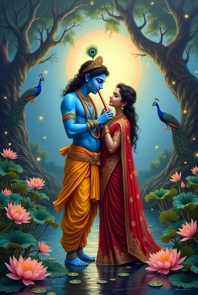 Create image of lord Sri Krishna with lord Radha both in a garden and krishna was playing flute and Radha close to krishna and birds are enjoying Krishna's flute music and background was with full of trees and flowers
