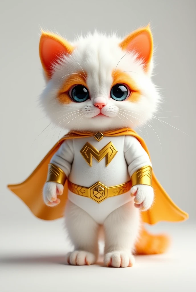 White kitten with orange and a super white suit with gold and an m on the chest but superhero costume 