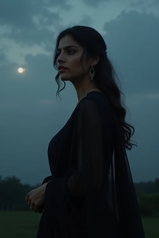 Kriti sanom black saree, relaxed pose, cloud, noises, no lights, night, raw photo