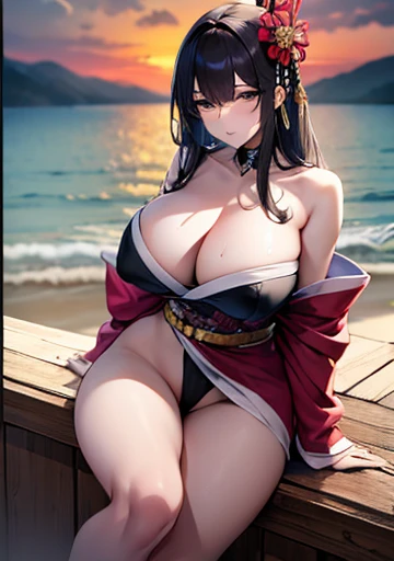intrincate details, detailed, masterpiece, best quality, 4K, HDR, outside in a flower garden, sunset, beautiful ocean city landscape, Mature MILF Woman, brown hair, green eyes, (Giant tits and giant cleavage: 1.6), black eyeliner, (dishevelled long flower kimono: 1.4), (japanese geta: 1.4) confident and sexual allusive expression, looking at the viewer, sensual and lewd smile, (a group photo of multiple woman near each other in a very sexy pose: 1.6)