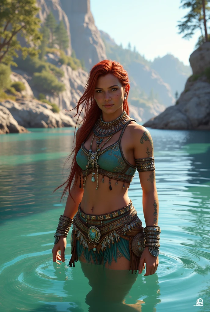 Aloy from Horizon Zero Dawn, standing waist-deep in a serene, crystal-clear water body, with her iconic braided red hair adorned with beads and tribal accessories. She wears her distinctive tribal armor, featuring intricate patterns and light metal plating, all in shades of teal and brown. Her confident expression reflects her strength and determination. The background showcases a stunning coastal landscape with rocky cliffs and ancient ruins bathed in soft sunlight. The overall atmosphere is peaceful and vibrant, with a slight breeze rustling through the trees, creating ripples on the water's surface.
