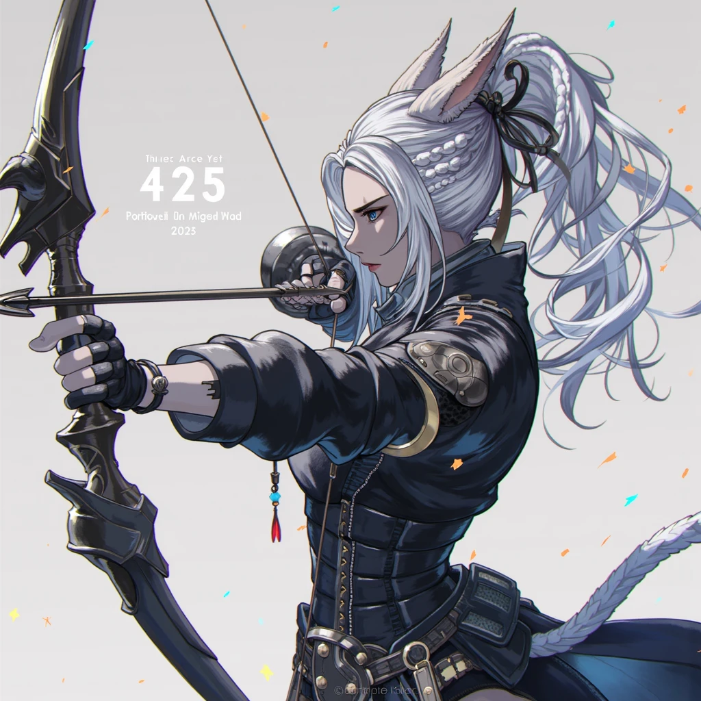 Final Fantasy 14, Miqo'te, dark skinned female, braided ponytail, holding bow and arrow, gameplay mechanics damage numbers, highly detailed, game cg