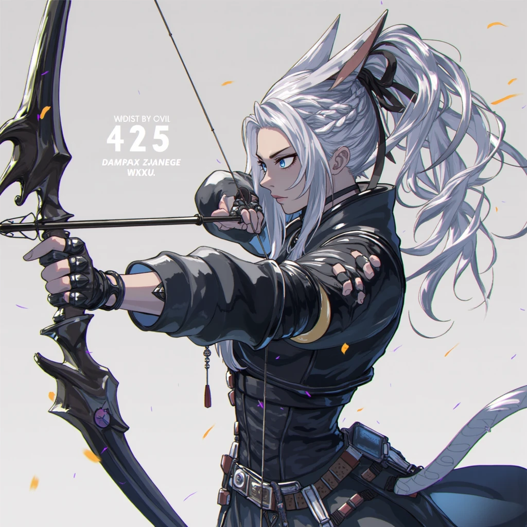 Final Fantasy 14, Miqo'te, dark skinned female, braided ponytail, holding bow and arrow, gameplay mechanics damage numbers, highly detailed, game cg
