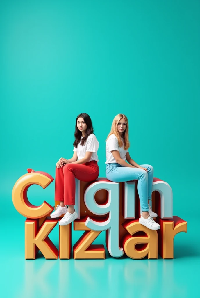 LET THE BACKGROUND BE TURQUOISE. WRITE "CILGIN" WITH 3D LOGO. WRİTE "KIZLAR " WİTH 3D LOGO.LET A BRUNETTE GIRL AND A BLONDE GIRL SIT ON THE NAME. LET IT BE BLUE, RED, GOLD AND WHITE, LET IT BE BRIGHT.
ALLOW DIMMED LIGHTS TO REFLECT FROM BELOW.