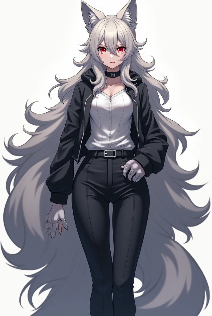 ((best quality)), ((masterpiece)), (detailed), 1girl, grey and light grey fur color, fluffy, adorable, looking into camera, pants, hot looking, red eyes, long hair, anthro, furry, sexy pose, grey fur, grey look, has clothes, wolf, kemono, serious looking, shirt, jacket, socks, full body, fluffy, furry hands, complete furry, smiling, hot clothes, epic colors, kitsune, kitsune masterpiece, kitsune looking, multiple tails, no skin