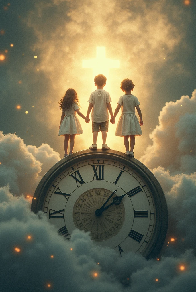 Create an image of boy and girl standing on two hands of a clock that saying god's time is always perfect