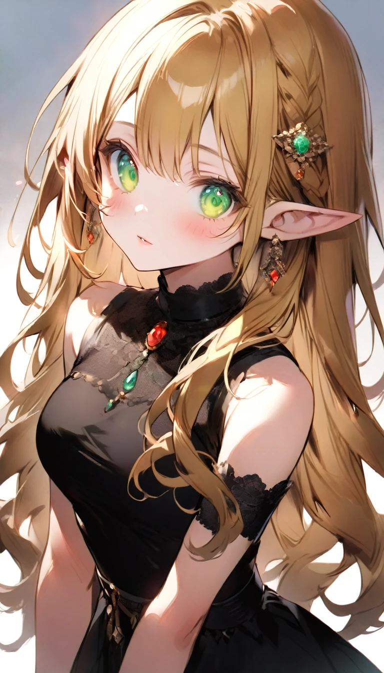 (1girl:1.3), (elf girl:1.3), (long blonde hair:1.2), (vibrant green eyes:1.3), (black dress:1.2), (seductive pose:1.1), (hand raised:1.0), (detailed clothing:1.1), (pointed ears:1.2), (delicate jewelry:1.1), (shadowverse style:1.2), (clean anime art:1.2), (feminine beauty:1.1), (gentle blush:1.0), (subtle lighting:1.0), (white background:1.0), (increasing the weight makes things worse)
